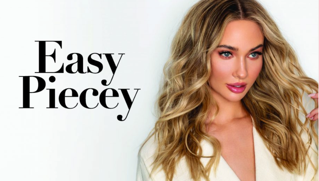 Model with soft, piecey blonde waves beside “Easy Piecey” text, showcasing effortless texture and modern UNITE Hair styling look