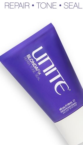Purple Unite BlondaFix Repair Tone Seal tube displayed on white background, showcasing repair, toning and sealing hair care