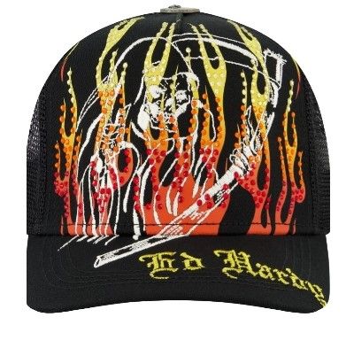 Black mesh trucker cap with rhinestone skeleton and flame artwork, embroidered Ed Hardy text on brim.