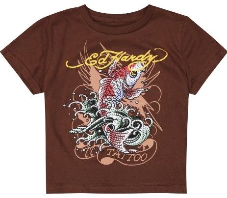 Brown short-sleeve tee with colorful koi fish tattoo-style graphic and bold Ed Hardy lettering.