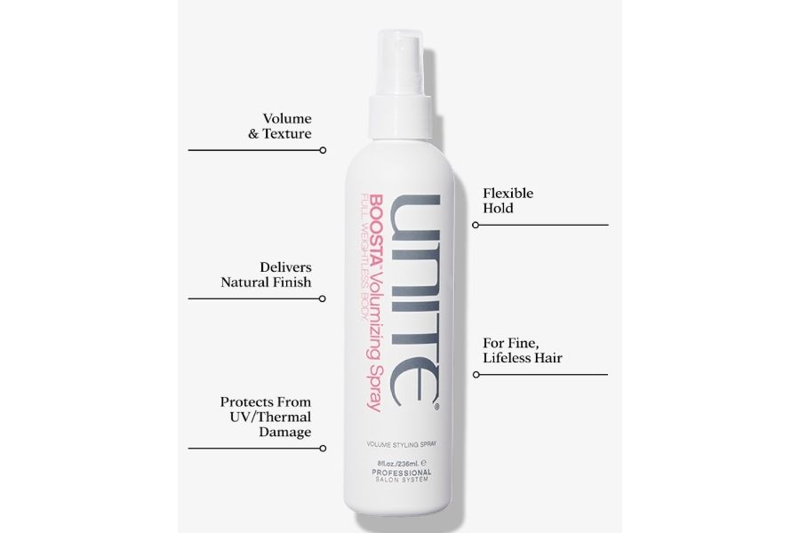 White UNITE HAIR Boosta Volumizing Spray bottle with labels highlighting volume, texture, and UV protection.