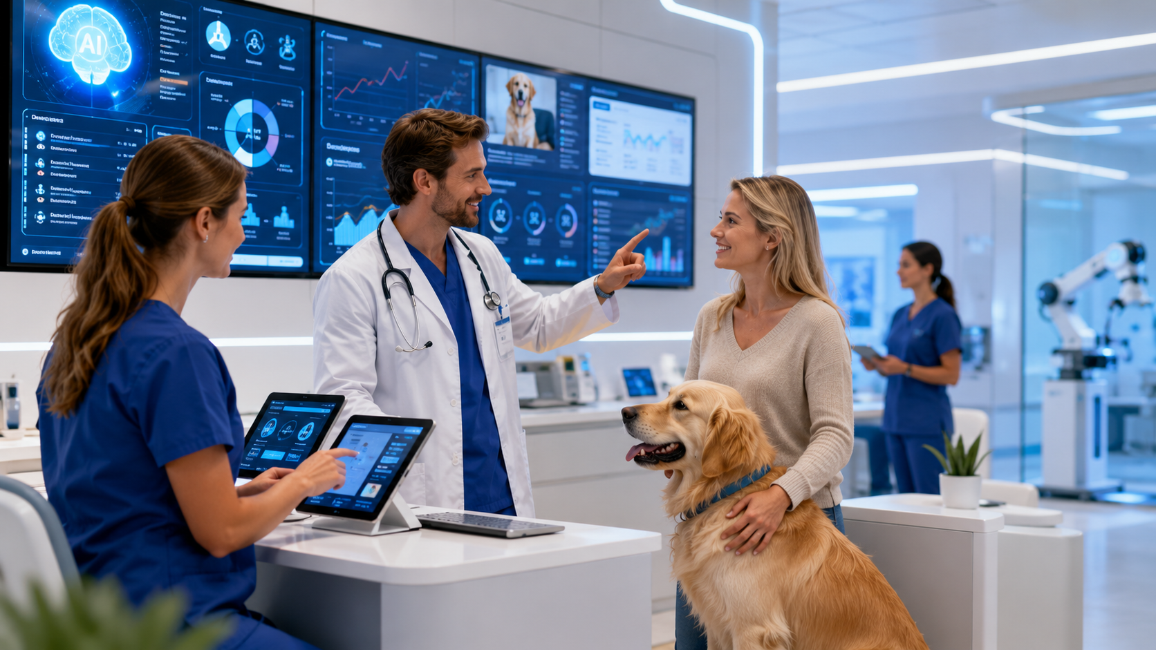 Veterinary professionals using AI-powered software and cloud-based tools to manage clinic operations in 2026