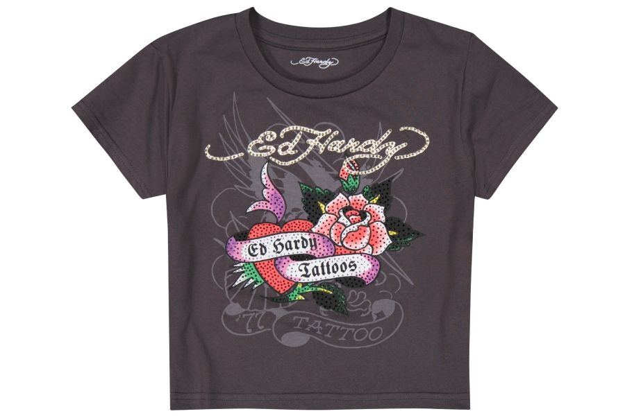 Ed Hardy dark gray tee with bold heart and rose tattoo graphic and glitter script, showcasing iconic tattoo-inspired fashion