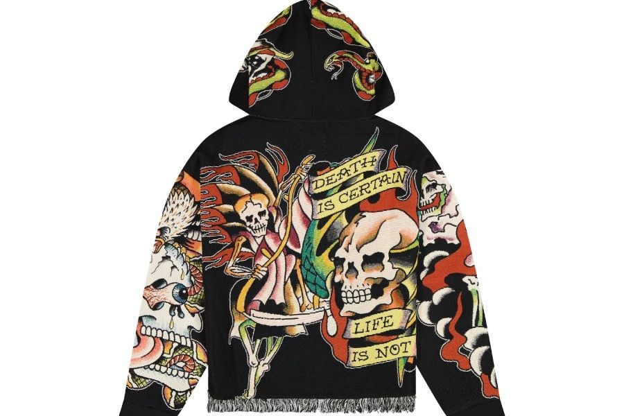 Back of black Ed Hardy hoodie with woven skull, grim reaper, and "Death is certain, life is not" banner art