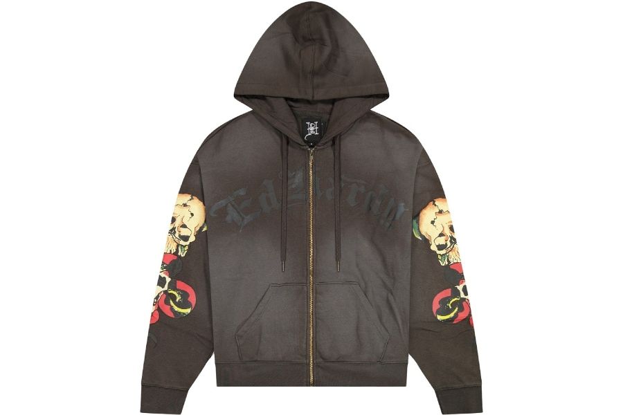 Faded brown Ed Hardy zip-up hoodie with gold zipper, skull and snake sleeve graphics, and logo across chest