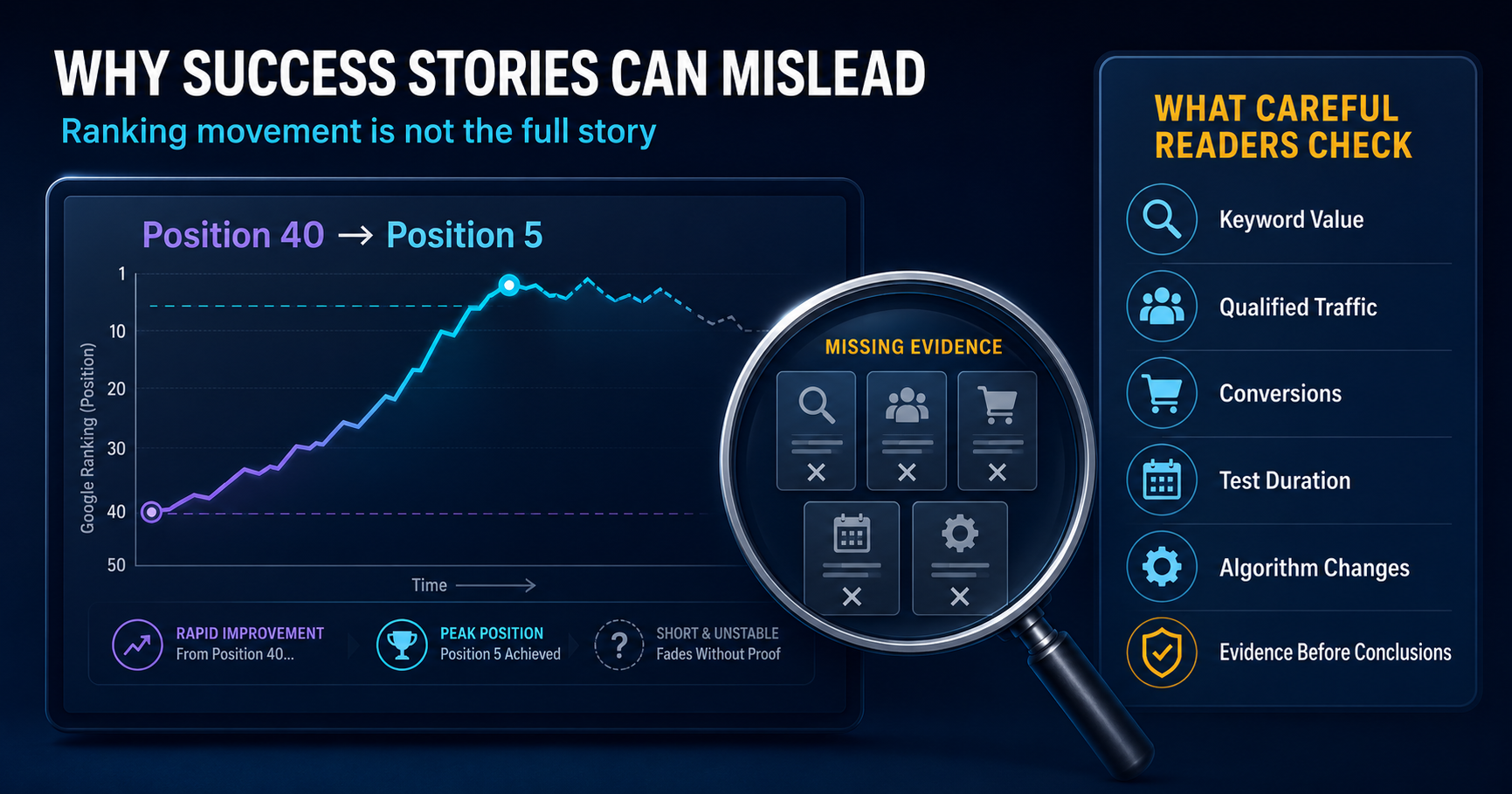 SEO infographic showing a ranking rise from position 40 to position 5 alongside a checklist for keyword value, qualified traffic, conversions.