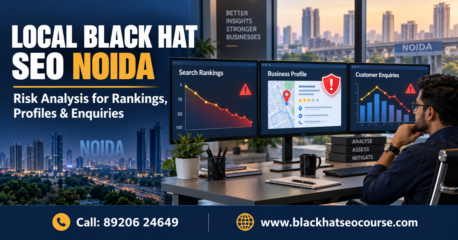 Local black hat SEO Noida risk analysis showing search rankings, business profiles and customer enquiries.