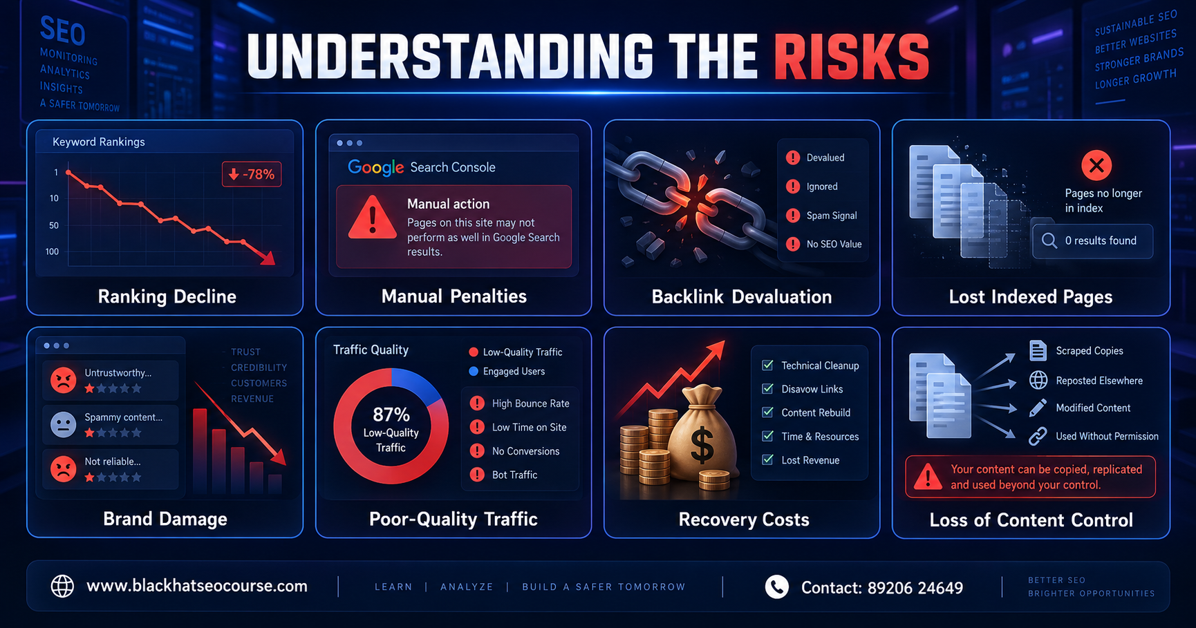 Infographic showing eight risks of aggressive SEO, including penalties, ranking loss, poor traffic and brand damage.