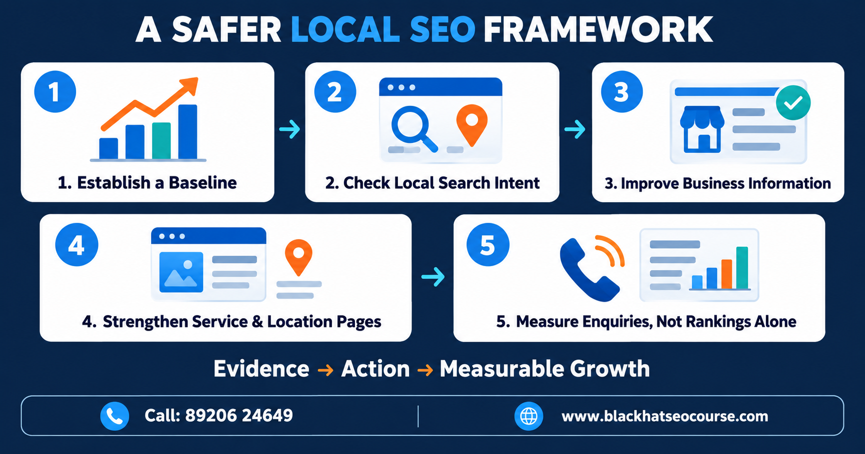 Five-step safer local SEO framework covering baseline analysis, local search intent, business information, location pages and enquiry measurement.