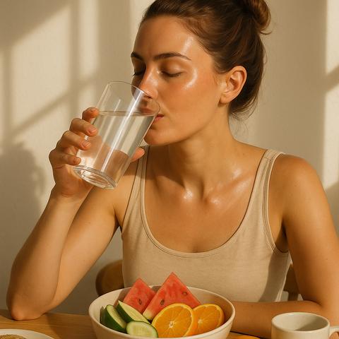 Woman staying hydrated by drinking water alongside hydrating fruits like watermelon and cucumber for healthy, radiant skin.